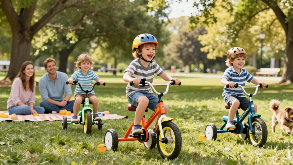 Kids riding the best kids tricycles in a sunny park, showcasing fun and vibrant designs.