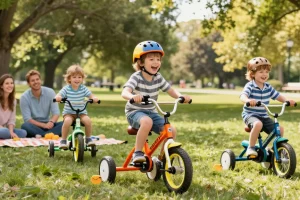 Kids riding the best kids tricycles in a sunny park, showcasing fun and vibrant designs.